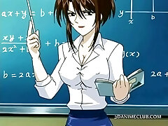 Anime school teacher in short skirt demonstrates pussy