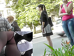 Lass with sunglasses in the bus upskirt scene