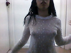 Girl in transparent clothes tugging