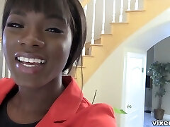 Handsome svelte dark-hued real estate dealer Ana Foxxx rides white cock on top