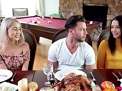 Small titted, blonde honey is getting banged during a family lunch and licking pussy along the way