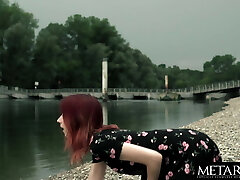 Redhead flashes and then finger smashes herself to a loud orgasm