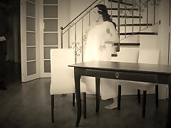 Vintage striptease completed with a rear end style and cumshot in mouth for an elegant brunette