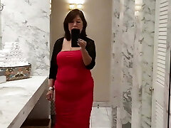 Mature Latina with hairy pussy urinating in beautiful bathroom