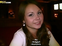 Youthful looking brunette Mystica sucks rod in public