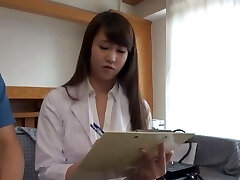Clothed sex in missionary with a super-naughty Japanese nurse with natural mounds