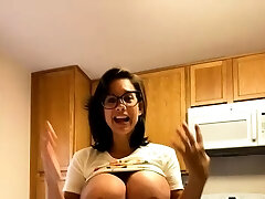 Busty curly brunette with big boobs fucks on sofa