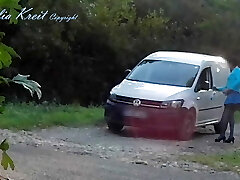 Outdoor van windows cleaning by the road