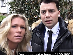Bald debt collector drags stunning belle into quick fuck