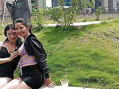 couple of stepsisters meet in the park outdoors and get horny until they have lesbian sex with each other