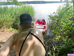 Stepsister celebrates 25k subs achievement by public riding dick of her stepbrother on boat on river outside