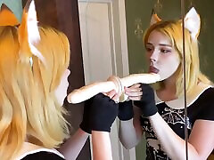 Russian cosplay girl sucks cock and feels a big vs huge bbc cup dildo in her pussy