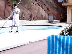Enhanced milf Licious kalau teen is sunbathing when she decides to use her big tits and g-string to entice the pool boy to give her som