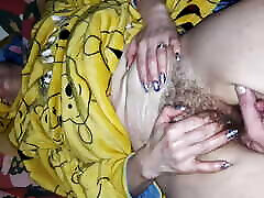 My fingers massage and penetrate the wet, stretched pussy