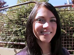 Cute sympatic british skinny brunette teen pick up on street