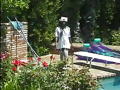 Nurse in white stockings seduces black dude one man with 10 chubby by the pool to fuck her