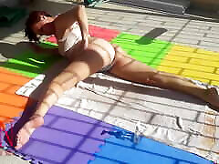 An attractive lady is sunbathing on the roof of her house. Nude yoga massage xnxx big boods pussy outdoors. 1