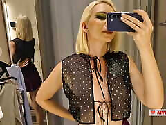 Trying on completely transparent clothes in the menies porns room. Look at my boobs in a public place.