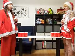 A Christmas strip pong game with a deep blowjob for the winner