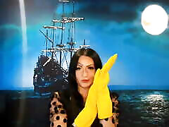 Yellow dhaka office gloves for fisting. Do you want to feel them in yourself? Dominatrix Nika and glove fetish.
