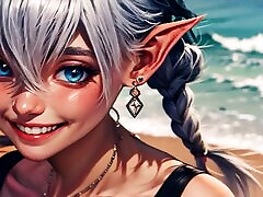 Final Fantasy Al generated Alisaie poses naked on the beach and takes cum on ass and face