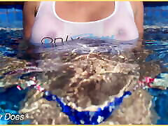 Wifey goes into the pool braless in a white tight shirt