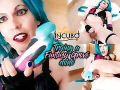 Blue-haired femboy cosplayer playing playing with her Fantasy Grove big dildo