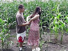 Fucked slutty step sister in dress on cornfield and cummed on her ass