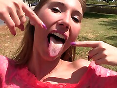 Sweet brunette with big tits enjoys while giving a blowjob