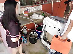 hotwife receives washing machine technician while the cuckold is at work
