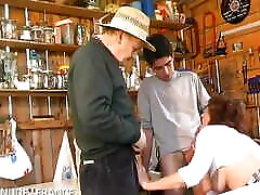 Hairy Mature Cougar Gets Banged and Facialized by the Young Gardener and Papy