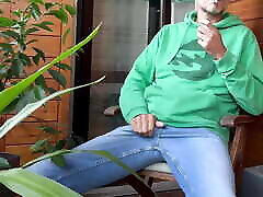 Sitting on my balcony and jerk my huge dick and shot my load