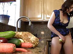 A Desperate Housewife Uses Cucumber and Carrot as a Substitute for a Big Hard Cock