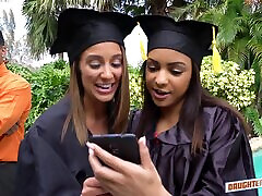 PAWG and her Latina besty graduated and their stepdads found the best way to reward them