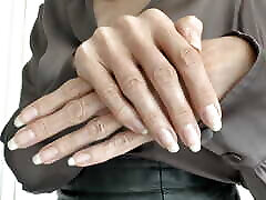 Beautiful Long Fingernails and Hand Shots in Silk Blouse