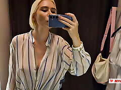 Seduction in a fitting room of a shopping mall. Trying on somking meth and fucking clothes in a fitting room.