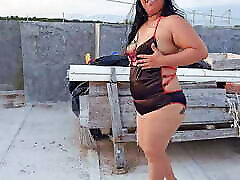 Submissive milf dominated on rooftop outdoors. Facial, blowjob and golden shower