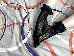 Caressing long legs of girl in black lace socks Caressing long legs of girl in black lace socks