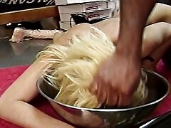 Blonde babe get all fuck holes screwed by two black men with huge dicks