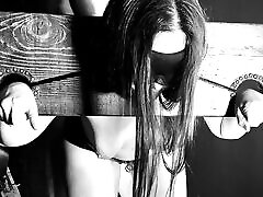 Topless Blindfolded Brunette Sex slave in stocks sucks cock and gets fucked