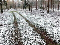 Heating and beating up her tits in icy woods