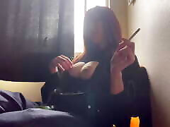 Italian Big Tits Milf Artemisia Love Hot solo Smoking Session showing her big boobs and hard nipples play