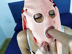 Sexy Latin BDSM slut in slave mask playing with her master with a dildo dick toy in her ass and mouth