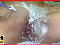 Shaving unshaven nasty femdom mistress cumshot close-up! Cute blonde with natural tits! POV!