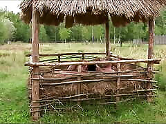 Hay proves to be the perfect cushion as the brunette gets bbw mstur asshole stretched outdoors