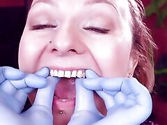 Face and Teeth Fetish Touch: Asmr Video in Blue Medical Mitrile Nurse Gloves. Arya Grander
