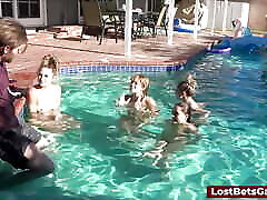 Lucky guy enjoys all four of his friends in big breezzas swimming pool
