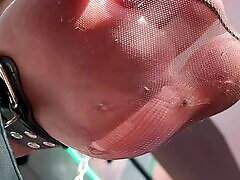 POV Goddess foot in torn tan pantyhose above you