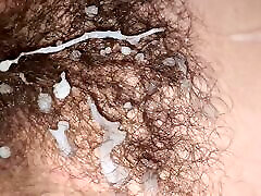 Huge cumshot on wifes hairy pussy after good fucking