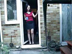 Bare Legged and Dressed MILF Gets Naked While Dominating a Wimpy Nude Guy Who Masturbates for Her